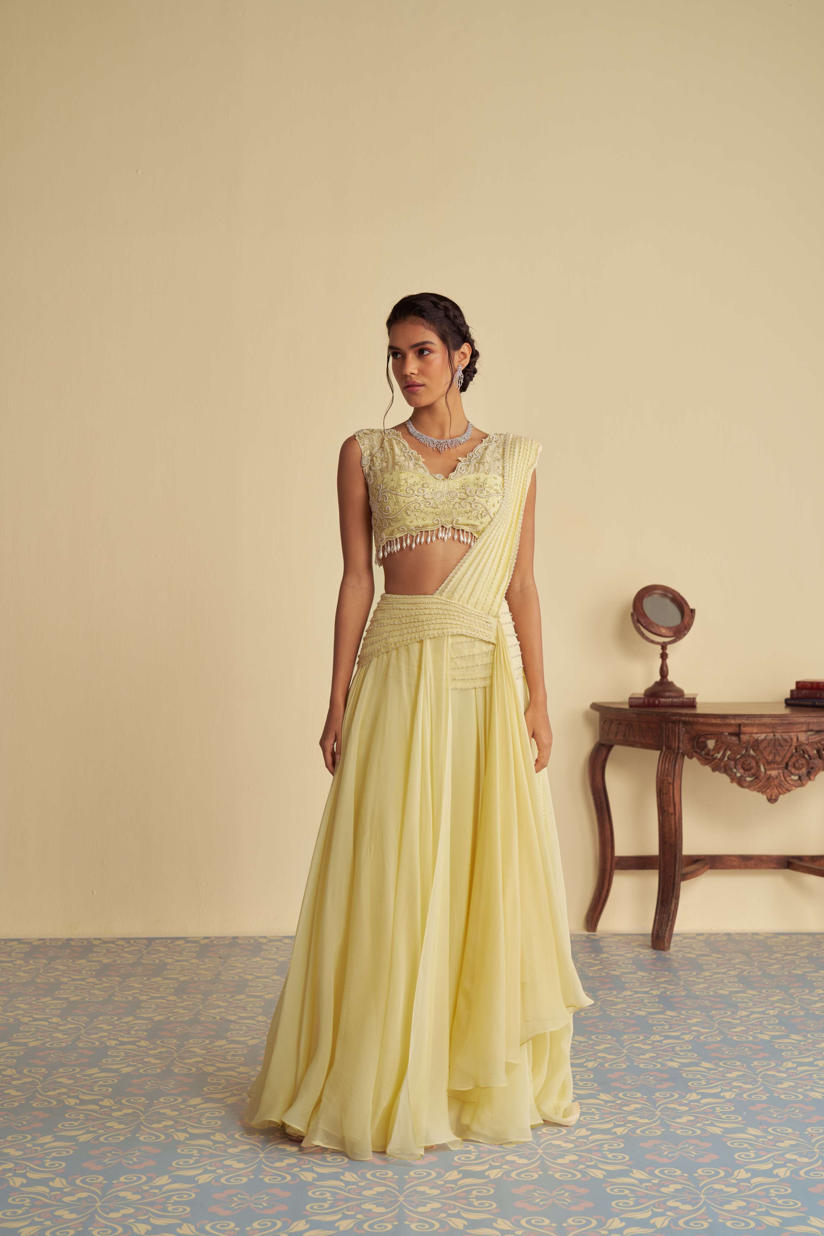 Dandelion mist drape saree set