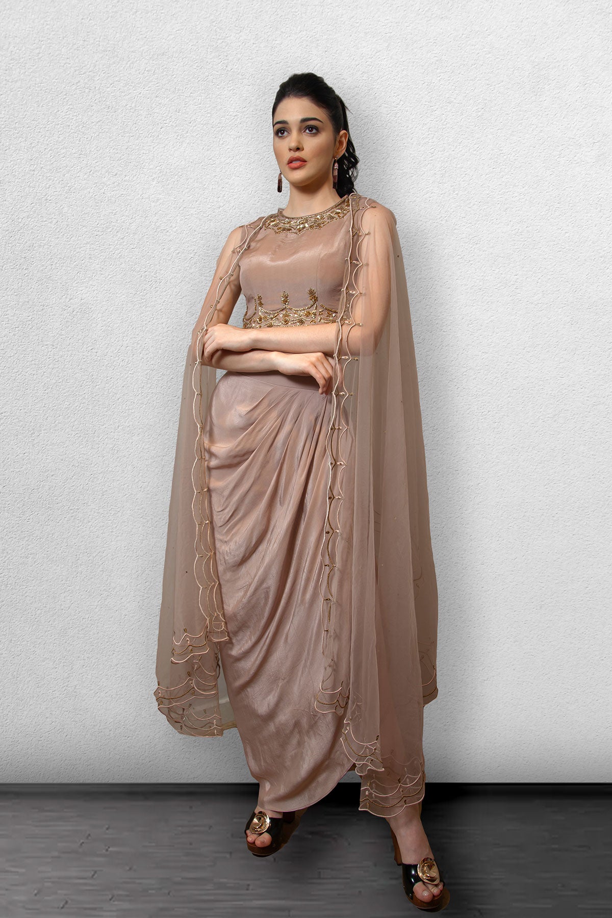 Mauve Crop Top  with Drape Skirt and Cape