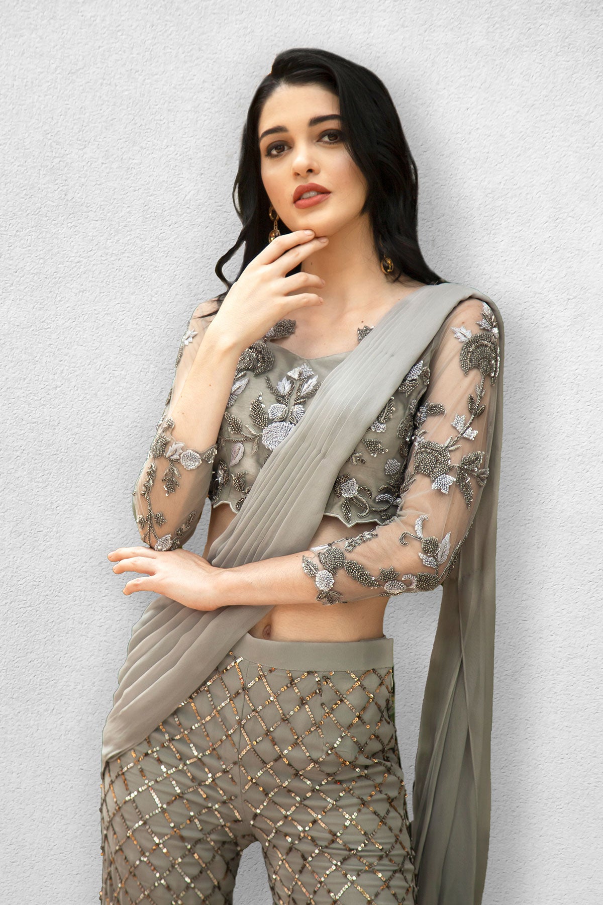 Steel Grey Crop Top with Sharara Pants and Dupatta