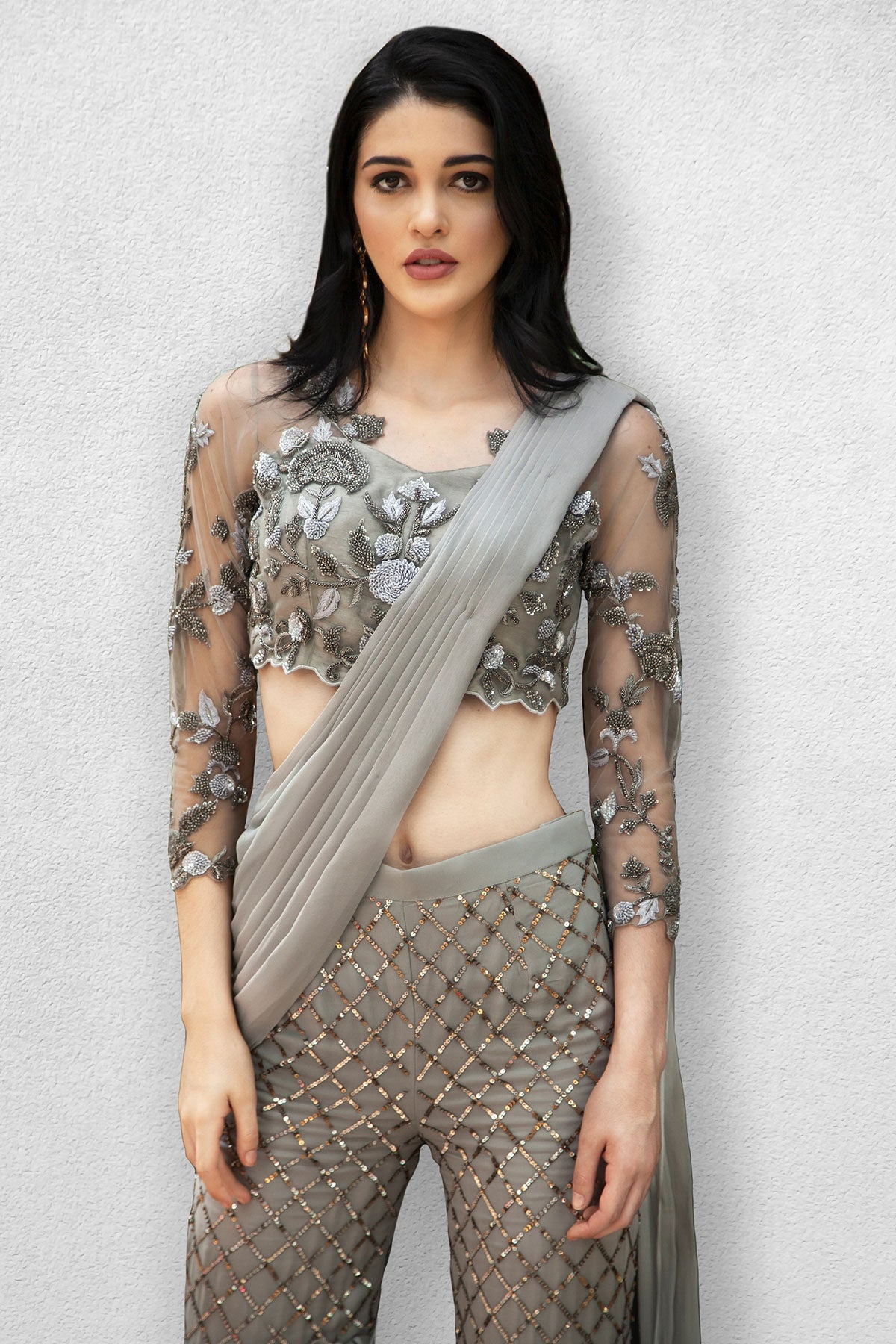 Steel Grey Crop Top with Sharara Pants and Dupatta