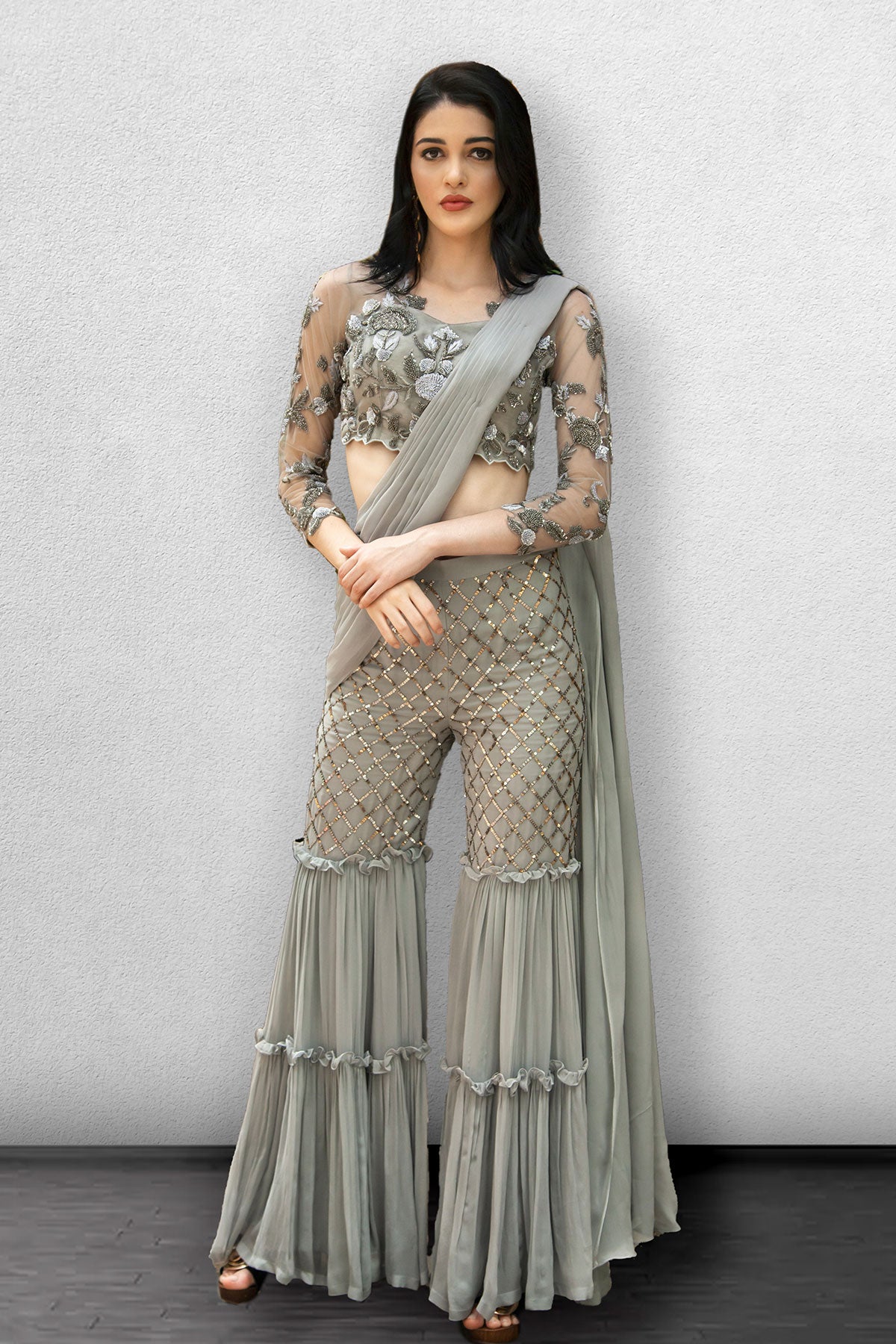 Steel Grey Crop Top with Sharara Pants and Dupatta