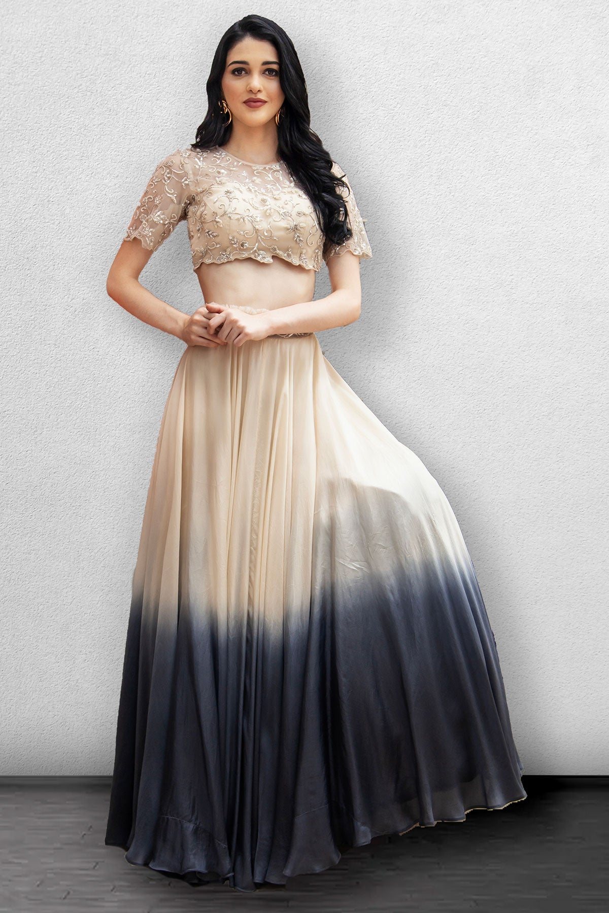 Ivory-Ombre Lehenga with Crop Top