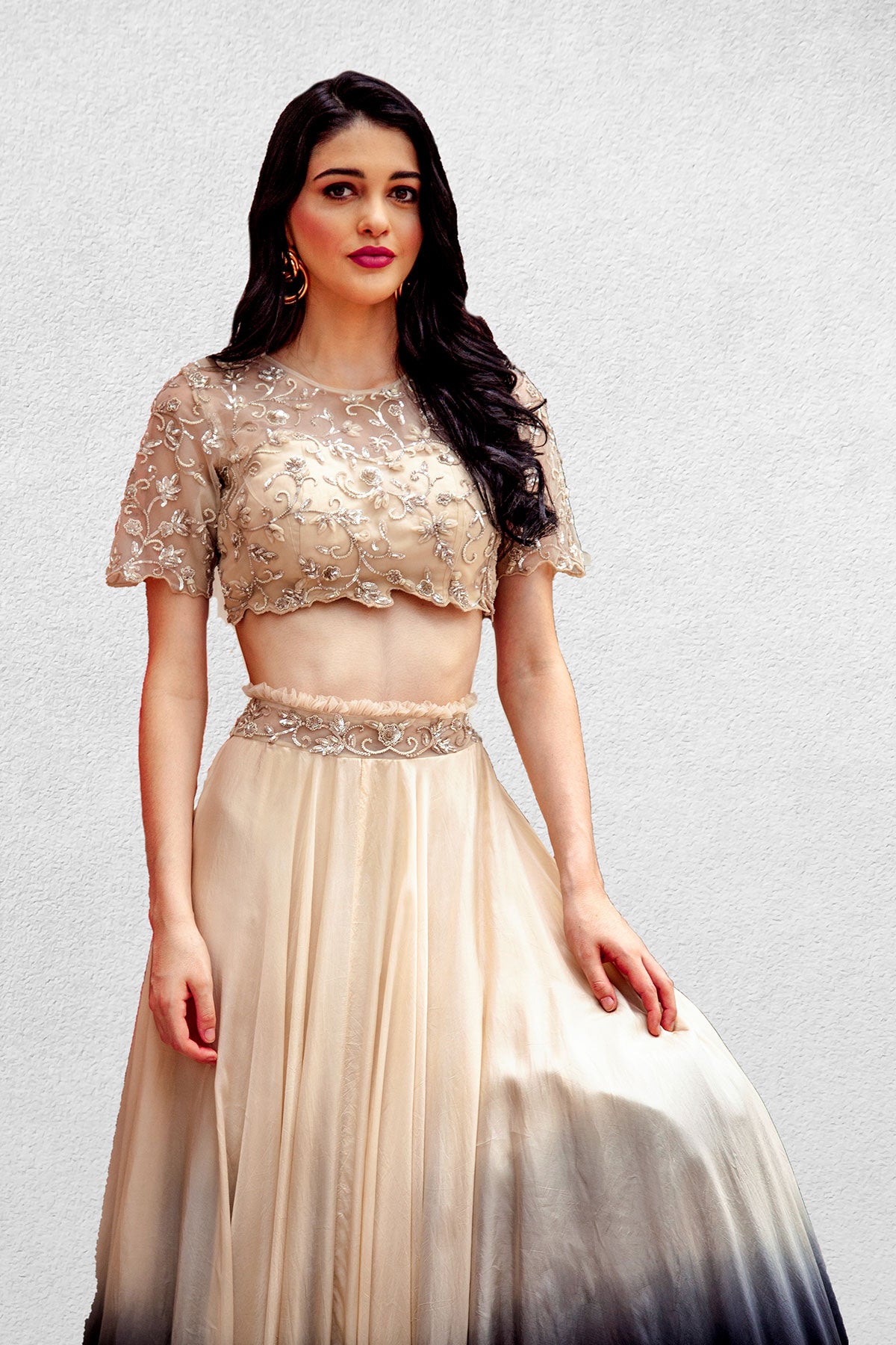 Ivory-Ombre Lehenga with Crop Top