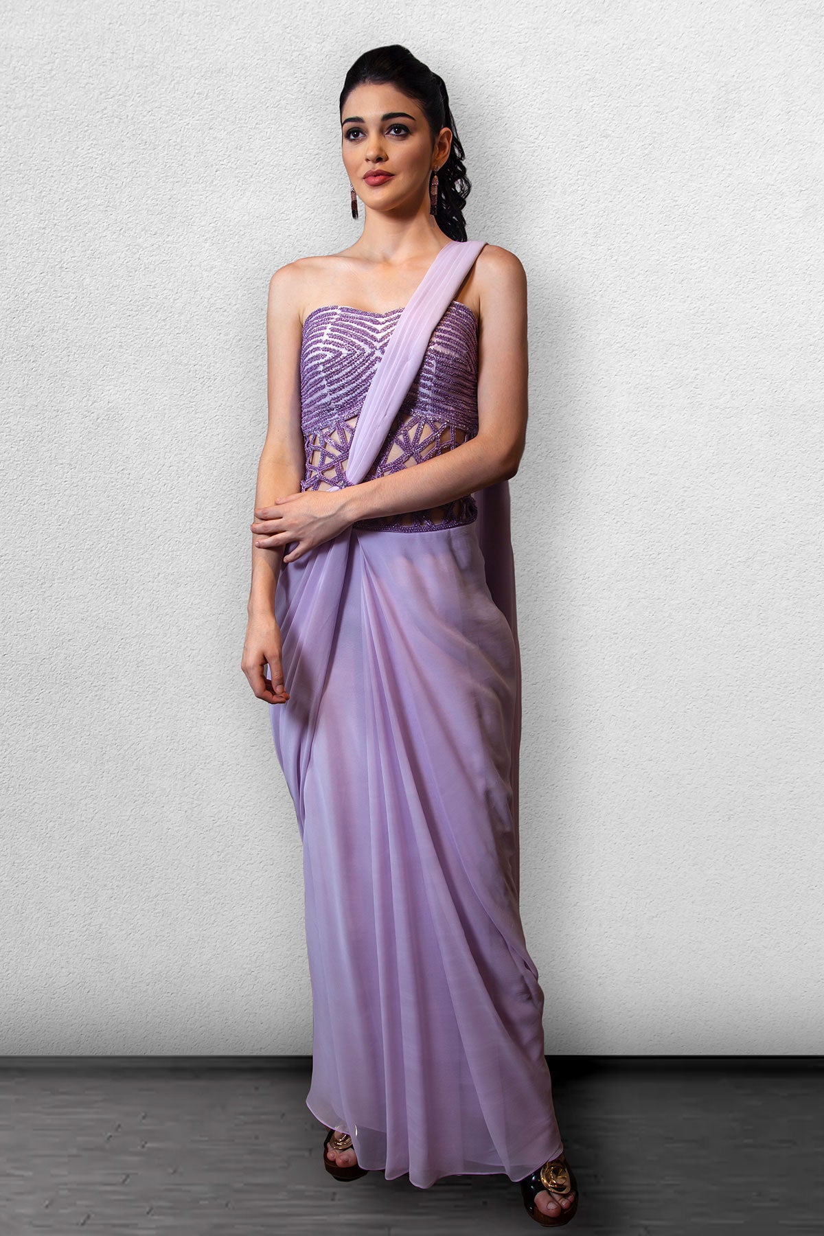 Purple Pre Stitched  Drape Saree