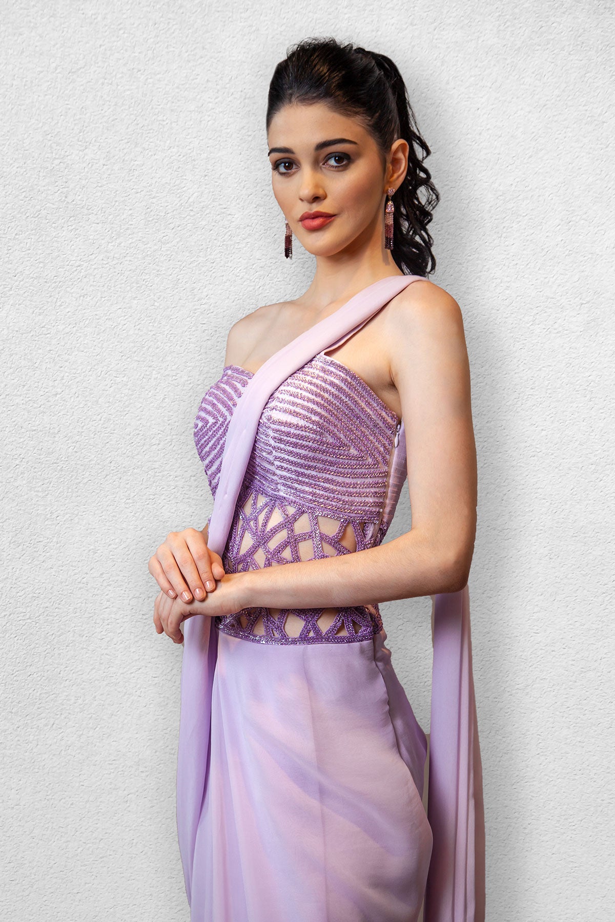 Purple Pre Stitched  Drape Saree