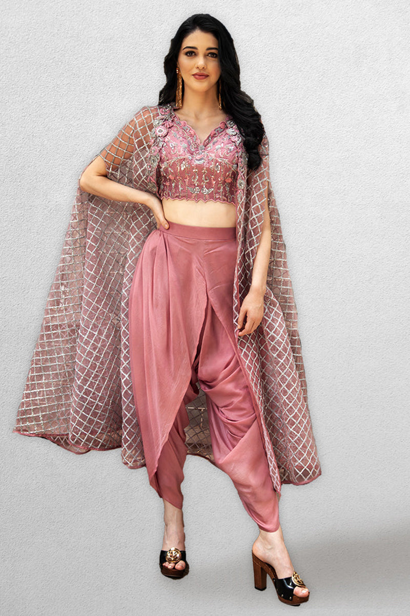 Dark Onion Pink Embellished Blouse with Dhoti and  Cape