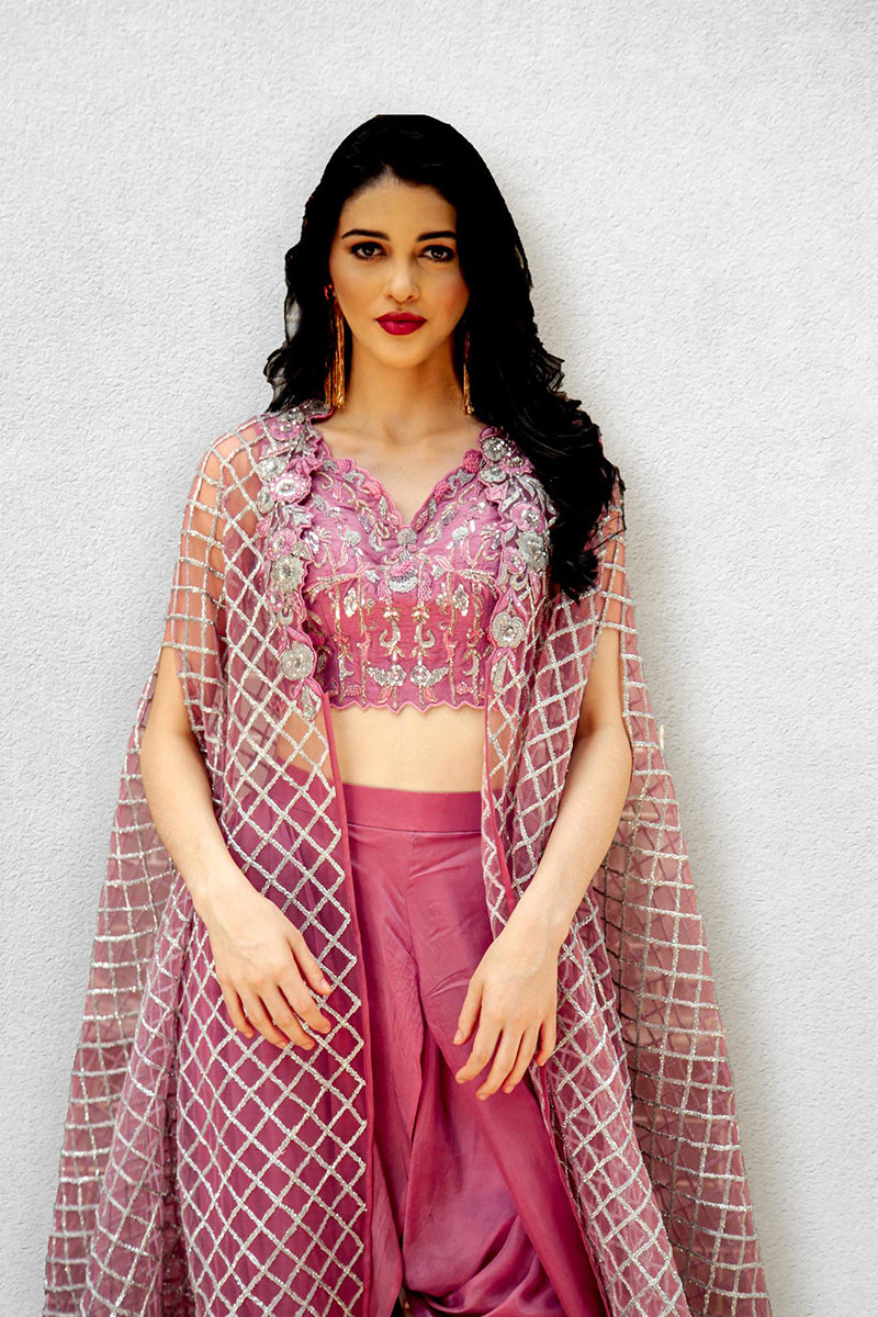 Dark Onion Pink Embellished Blouse with Dhoti and  Cape