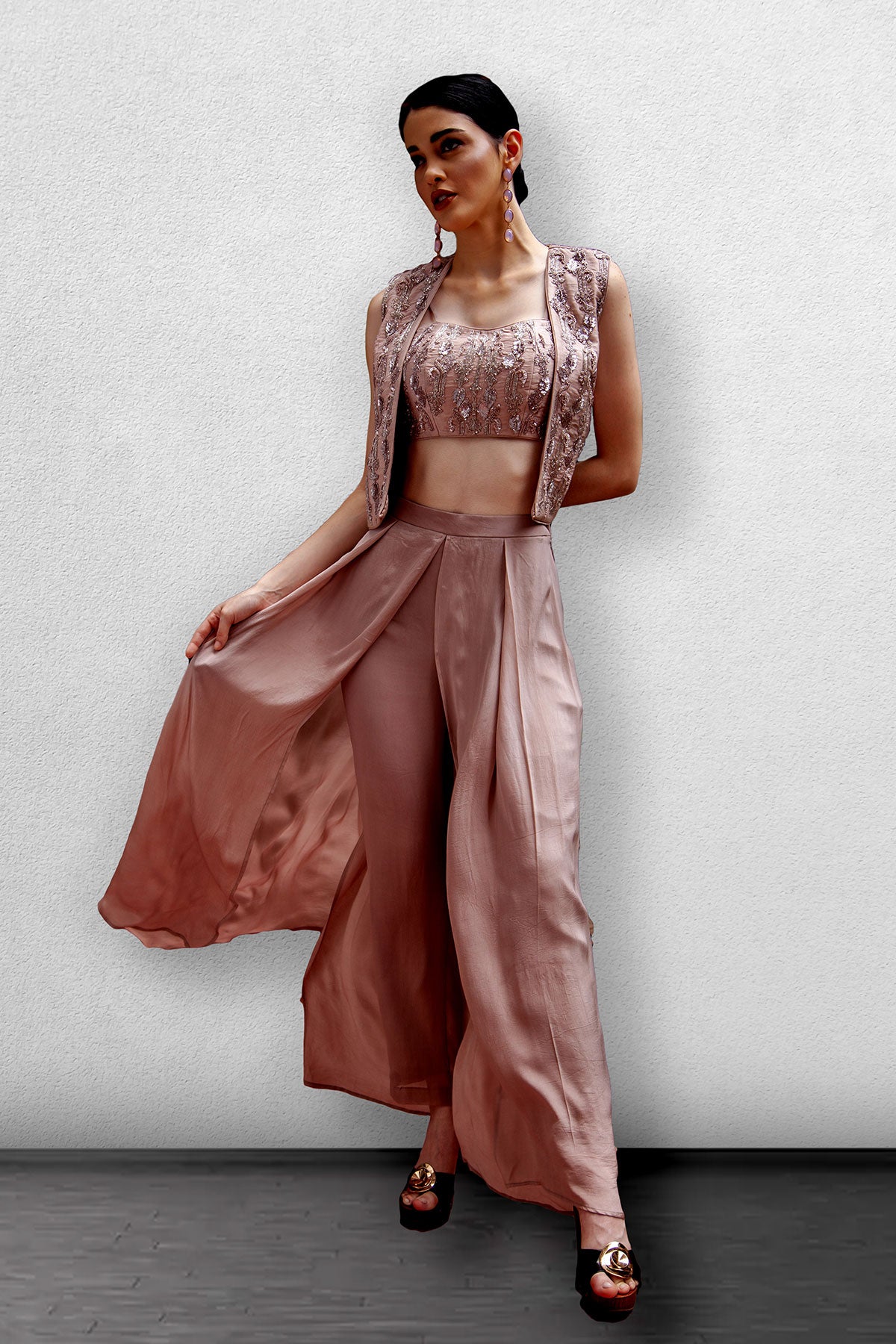 Rose Gold Jacket with Crop Top Blouse and Pants