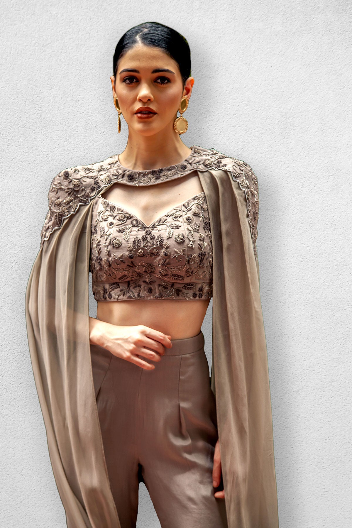 Greyish Brown Crop Top with Trouser Pants and Detachable Cape