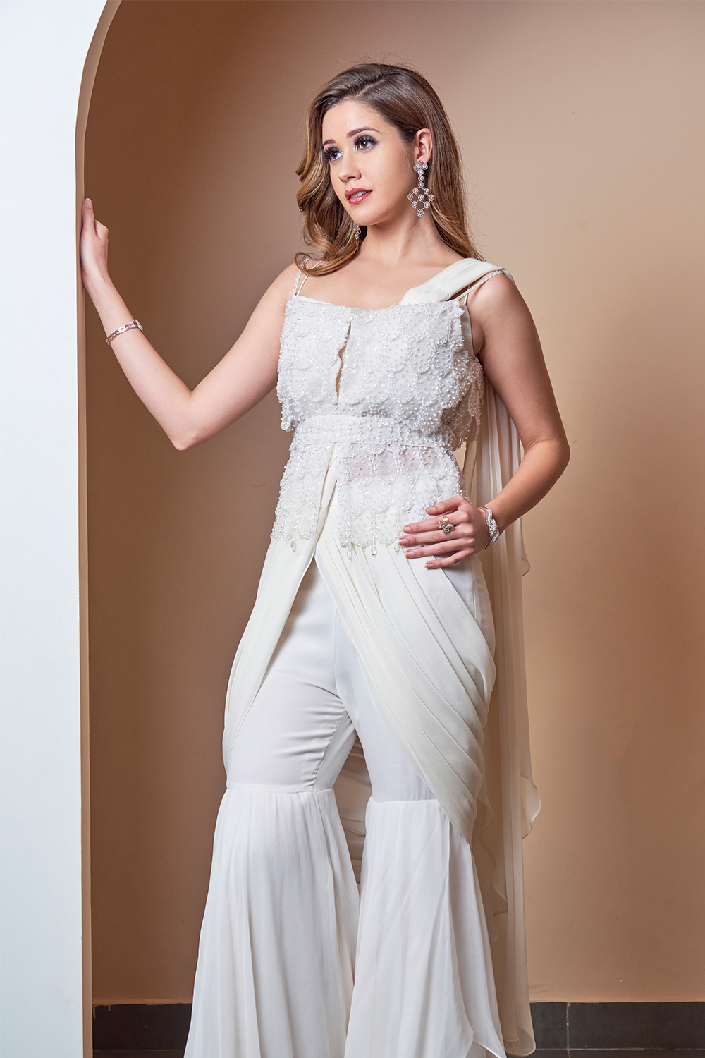 Buy White Georgette And Organza Pre-draped Pant Saree With Jacket For Women  by Jade By Ashima Online at Aza Fashions.