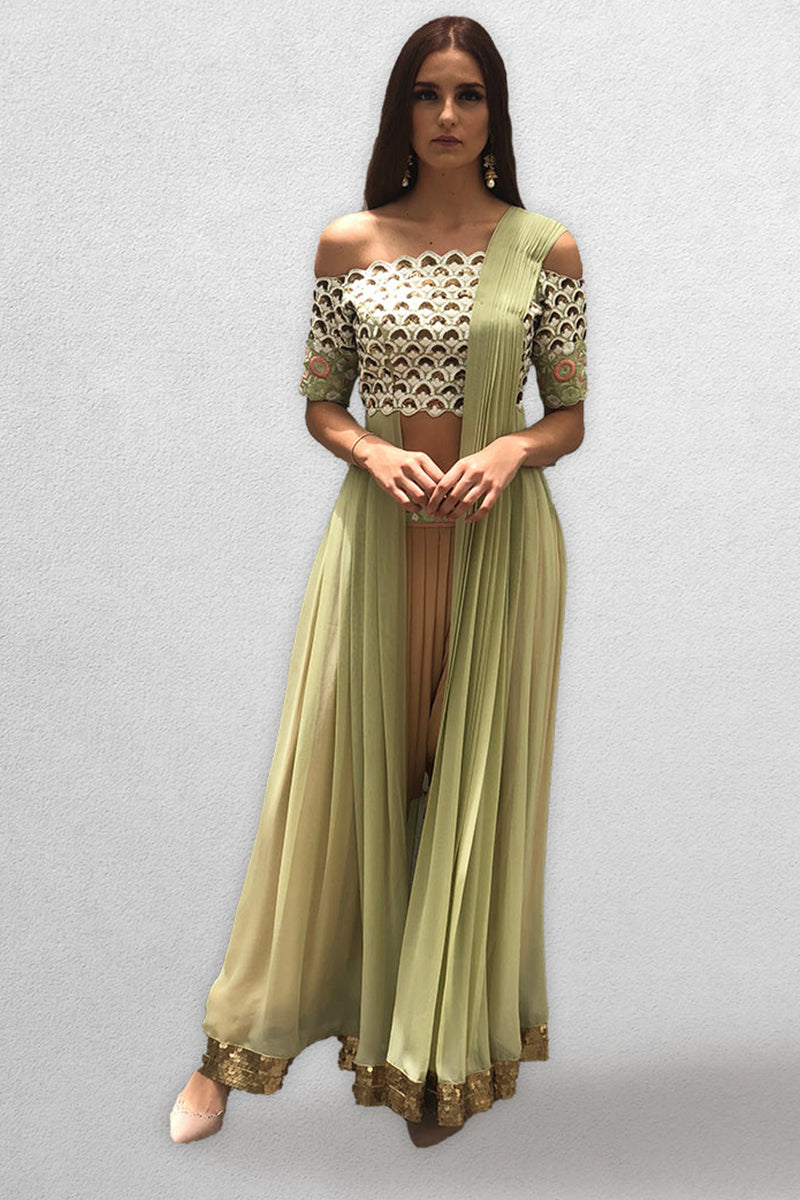 Peach and Mint Green Dhoti Salwar off Shoulder Top