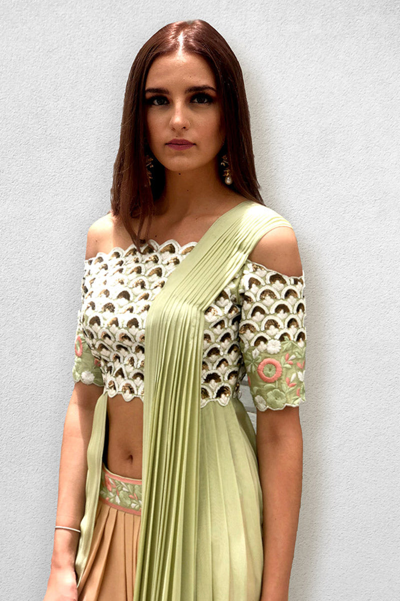 Peach and Mint Green Dhoti Salwar off Shoulder Top