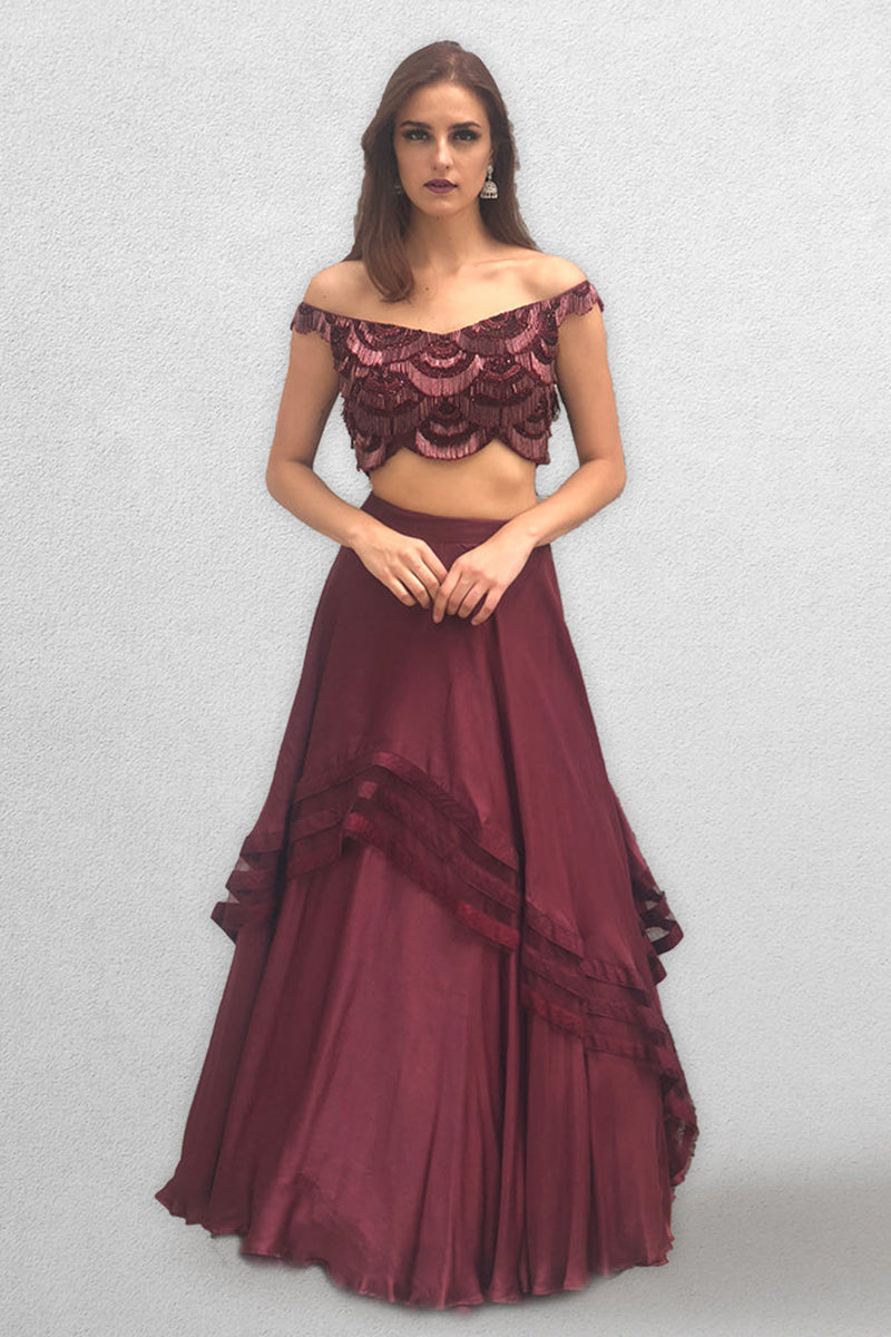 Wine colored Off Shoulder Top and Skirt