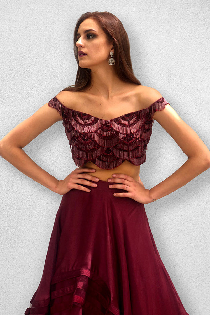 Wine colored Off Shoulder Top and Skirt